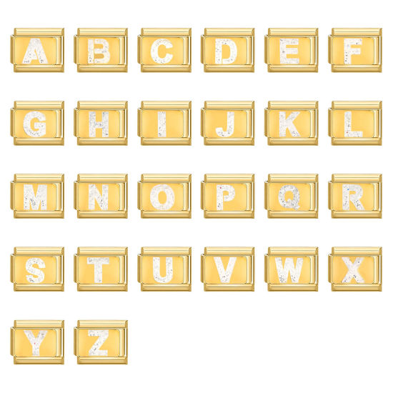 Bild von 304 Edelstahl Großbuchstaben Charm-Armband mit italienischen Gliedern zur Herstellung von DIY-Schmuck Vergoldet Weiß Emaille Rechteck Message " A-Z " Paillette 10mm x 9mm