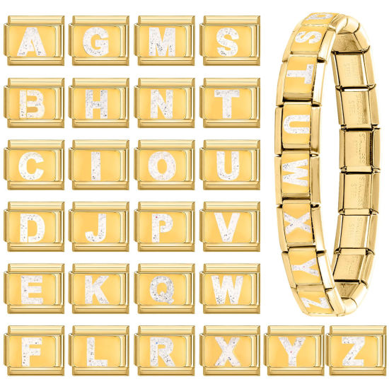 Bild von 304 Edelstahl Großbuchstaben Charm-Armband mit italienischen Gliedern zur Herstellung von DIY-Schmuck Vergoldet Weiß Emaille Rechteck Message " A-Z " Paillette 10mm x 9mm