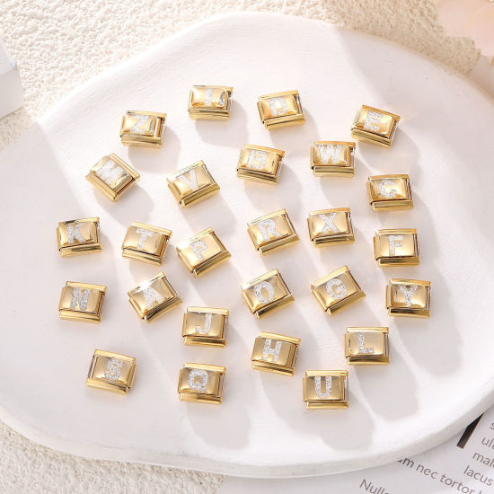 Bild von 304 Edelstahl Großbuchstaben Charm-Armband mit italienischen Gliedern zur Herstellung von DIY-Schmuck Vergoldet Weiß Emaille Rechteck Message " A-Z " Paillette 10mm x 9mm