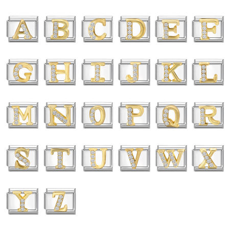 Bild von 304 Edelstahl Großbuchstaben Charm-Armband mit italienischen Gliedern zur Herstellung von DIY-Schmuck Silberfarbe Golden Rechteck Message " A-Z " Transparent Strass 10mm x 9mm