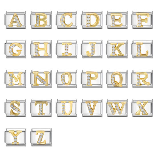 Immagine di 1 Pz 304 Acciaio Inossidabile Lettera Maiuscola Bracciale con Charm Italiano a Maglie, Creazione di Gioielli Fai-da-te Tono Argento Oro Rettangolo Messaggio " A-Z " Trasparente Strass 10mm x 9mm
