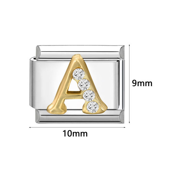 Immagine di 1 Pz 304 Acciaio Inossidabile Lettera Maiuscola Bracciale con Charm Italiano a Maglie, Creazione di Gioielli Fai-da-te Tono Argento Oro Rettangolo Messaggio " A-Z " Trasparente Strass 10mm x 9mm