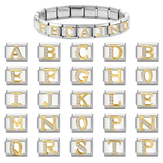 Immagine di 1 Pz 304 Acciaio Inossidabile Lettera Maiuscola Bracciale con Charm Italiano a Maglie, Creazione di Gioielli Fai-da-te Tono Argento Oro Rettangolo Messaggio " A-Z " Trasparente Strass 10mm x 9mm