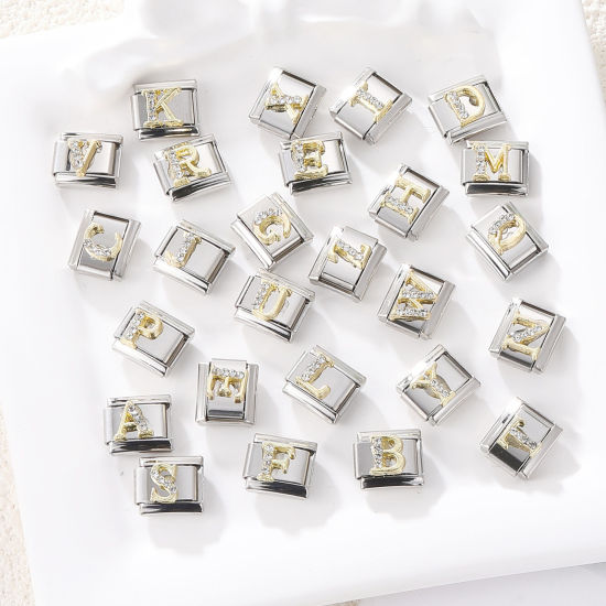 Immagine di 1 Pz 304 Acciaio Inossidabile Lettera Maiuscola Bracciale con Charm Italiano a Maglie, Creazione di Gioielli Fai-da-te Tono Argento Oro Rettangolo Messaggio " A-Z " Trasparente Strass 10mm x 9mm