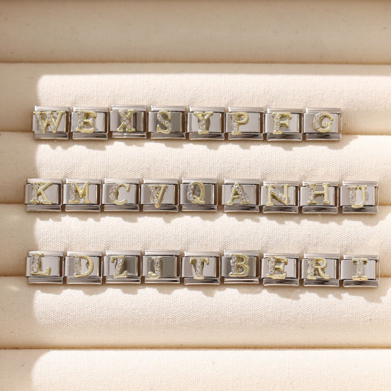Immagine di 1 Pz 304 Acciaio Inossidabile Lettera Maiuscola Bracciale con Charm Italiano a Maglie, Creazione di Gioielli Fai-da-te Tono Argento Oro Rettangolo Messaggio " A-Z " Trasparente Strass 10mm x 9mm