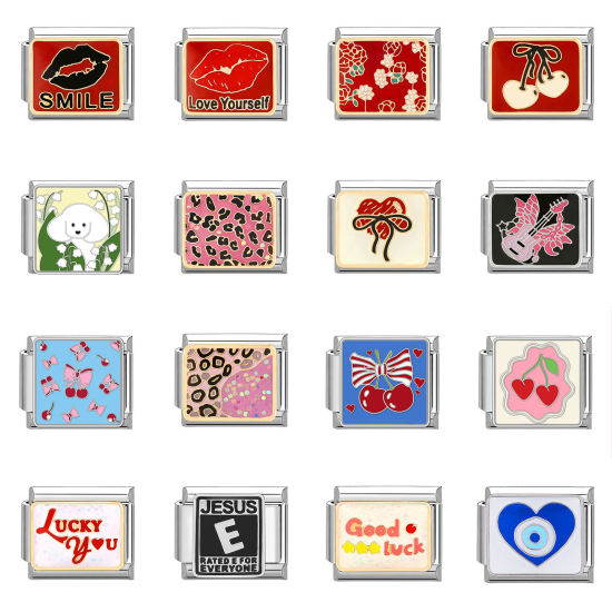 Bild von 304 Edelstahl Charm-Armband mit italienischen Gliedern zur Herstellung von DIY-Schmuck Silberfarbe Rechteck 10mm x 9mm