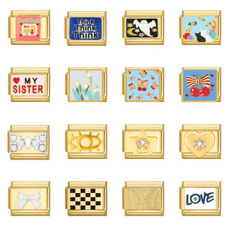 Picture of 304 Stainless Steel Italian Charm Links For DIY Bracelet Jewelry Making Gold Plated Rectangle 10mm x 9mm