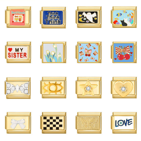 Immagine di 1 Pz 304 Acciaio Inossidabile Bracciale con Charm Italiano a Maglie, Creazione di Gioielli Fai-da-te Oro Placcato Rettangolo 10mm x 9mm