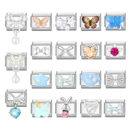 Picture of 304 Stainless Steel Italian Charm Links For DIY Bracelet Jewelry Making Silver Tone Rectangle Butterfly 10mm x 9mm