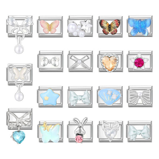 Изображение 1 ШТ 304 Нержавеющая Сталь Очаровательный итальянский браслет со звеньями Изготовление ювелирных изделий своими руками Серебряный Тон Прямоугольник Бабочка 10мм x 9мм