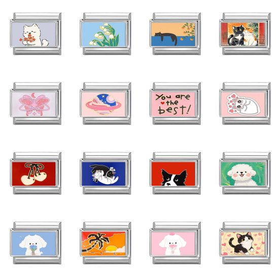 Изображение 1 ШТ 304 Нержавеющая Сталь Очаровательный итальянский браслет со звеньями Изготовление ювелирных изделий своими руками Серебряный Тон Прямоугольник Кошка 10мм x 9мм