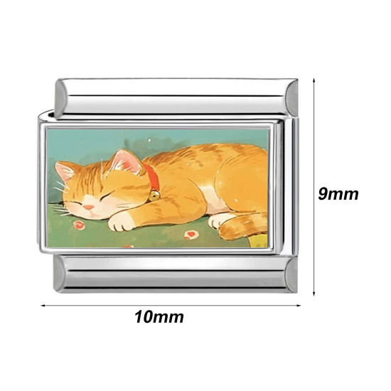 Изображение 1 ШТ 304 Нержавеющая Сталь Очаровательный итальянский браслет со звеньями Изготовление ювелирных изделий своими руками Серебряный Тон Прямоугольник Кошка 10мм x 9мм