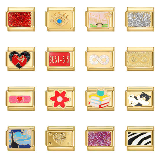 Изображение 1 ШТ 304 Нержавеющая Сталь Очаровательный итальянский браслет со звеньями Изготовление ювелирных изделий своими руками Позолоченный Прямоугольник Мультипликационные изображения 10мм x 9мм