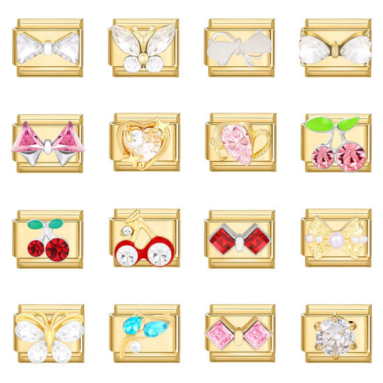 Изображение 1 ШТ 304 Нержавеющая Сталь Очаровательный итальянский браслет со звеньями Изготовление ювелирных изделий своими руками Позолоченный Прямоугольник Разноцветный Стразы 10мм x 9мм