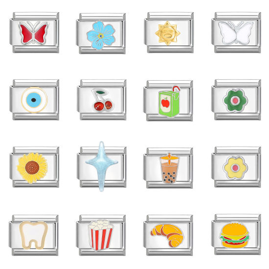 Bild von 304 Edelstahl Charm-Armband mit italienischen Gliedern zur Herstellung von DIY-Schmuck Silberfarbe Bunt Rechteck 10mm x 9mm