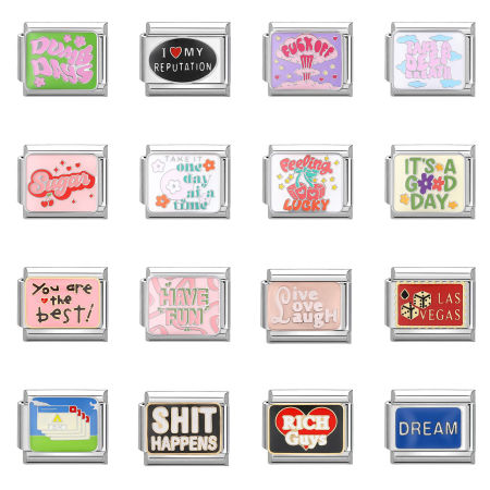 304 Stainless Steel Stylish Italian Charm Links For DIY Bracelet Jewelry Making Silver Tone Rectangle Word Message 10mm x 9mm