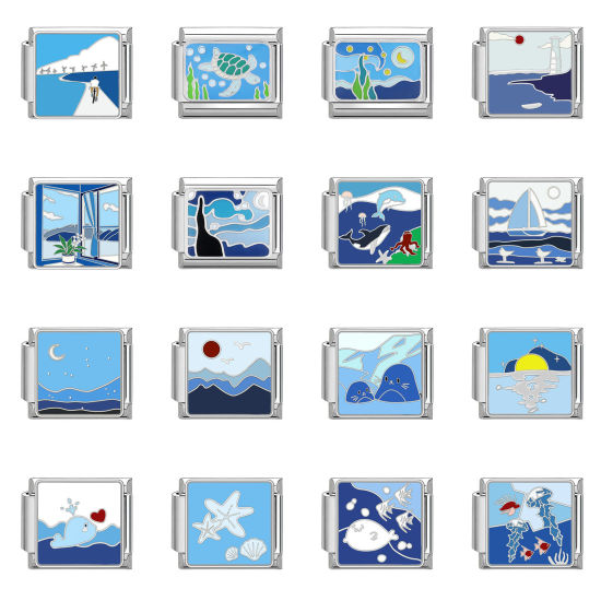 Bild von 1 Stück 304 Edelstahl Stilvoll Charm-Armband mit italienischen Gliedern zur Herstellung von DIY-Schmuck Silberfarbe Rechteck Meer 10mm x 9mm