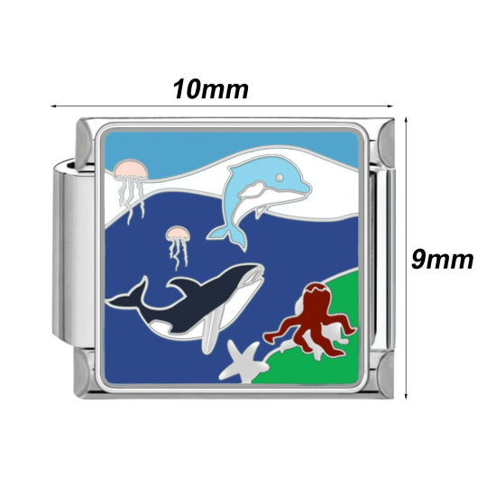 Bild von 1 Stück 304 Edelstahl Stilvoll Charm-Armband mit italienischen Gliedern zur Herstellung von DIY-Schmuck Silberfarbe Rechteck Meer 10mm x 9mm