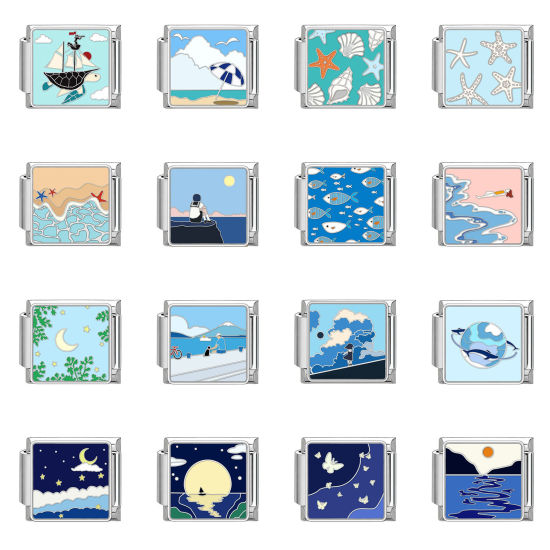 Bild von 1 Stück 304 Edelstahl Stilvoll Charm-Armband mit italienischen Gliedern zur Herstellung von DIY-Schmuck Silberfarbe Rechteck Meer 10mm x 9mm