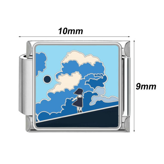 Bild von 1 Stück 304 Edelstahl Stilvoll Charm-Armband mit italienischen Gliedern zur Herstellung von DIY-Schmuck Silberfarbe Rechteck Meer 10mm x 9mm