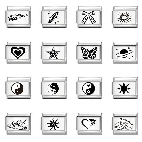 Bild von 1 Stück 304 Edelstahl Stilvoll Charm-Armband mit italienischen Gliedern zur Herstellung von DIY-Schmuck Silberfarbe Schwarz Rechteck 10mm x 9mm