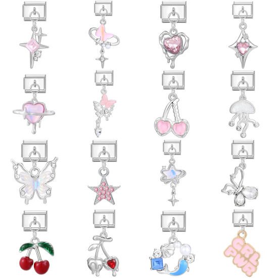 Immagine di 1 Pz 304 Acciaio Inossidabile Elegante Bracciale con Charm Italiano a Maglie, Creazione di Gioielli Fai-da-te Tono Argento Rettangolo Con Ciondolo 10mm x 9mm