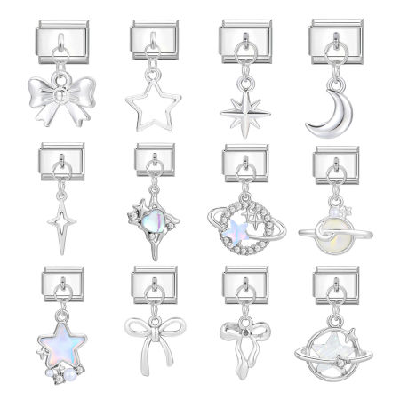 Picture of 304 Stainless Steel Stylish Italian Charm Links For DIY Bracelet Jewelry Making Silver Tone Rectangle With Pendant 10mm x 9mm