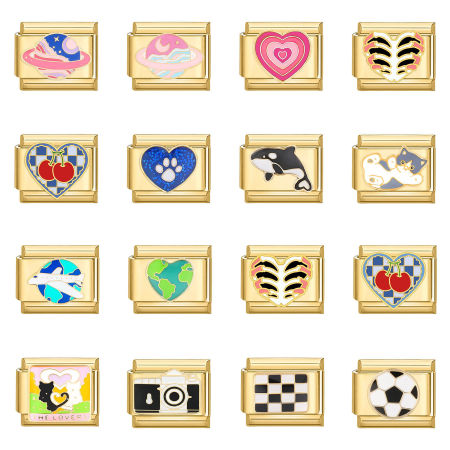 304 Stainless Steel Stylish Italian Charm Links For DIY Bracelet Jewelry Making Gold Plated Rectangle Heart 10mm x 9mm