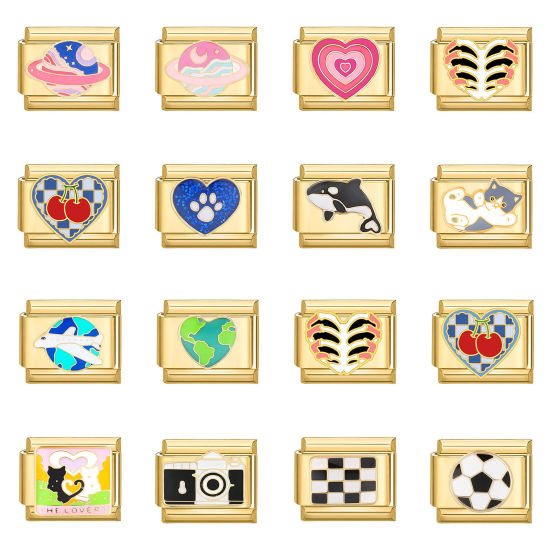 Bild von 1 Stück 304 Edelstahl Stilvoll Charm-Armband mit italienischen Gliedern zur Herstellung von DIY-Schmuck Vergoldet Rechteck Herz 10mm x 9mm