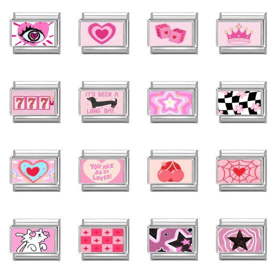 Picture of 304 Stainless Steel Stylish Italian Charm Links For DIY Bracelet Jewelry Making Silver Tone Pink Rectangle 10mm x 9mm