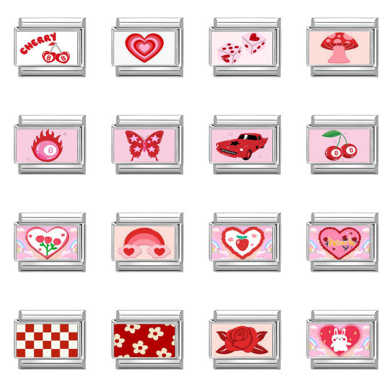 Bild von 1 Stück 304 Edelstahl Stilvoll Charm-Armband mit italienischen Gliedern zur Herstellung von DIY-Schmuck Silberfarbe Rot Rechteck 10mm x 9mm