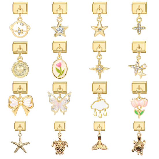 Bild von 1 Stück 304 Edelstahl Stilvoll Charm-Armband mit italienischen Gliedern zur Herstellung von DIY-Schmuck Vergoldet Rechteck Mit Anhänger 10mm x 9mm