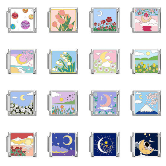 Bild von 1 Stück 304 Edelstahl Stilvoll Charm-Armband mit italienischen Gliedern zur Herstellung von DIY-Schmuck Silberfarbe Rechteck Blumen 10mm x 9mm