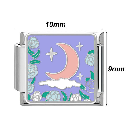 Bild von 1 Stück 304 Edelstahl Stilvoll Charm-Armband mit italienischen Gliedern zur Herstellung von DIY-Schmuck Silberfarbe Rechteck Blumen 10mm x 9mm