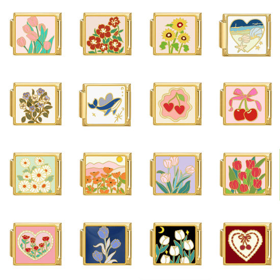 Immagine di 1 Pz 304 Acciaio Inossidabile Bracciale con Charm Italiano a Maglie, Creazione di Gioielli Fai-da-te Oro Placcato Rettangolo Fiore 10mm x 9mm