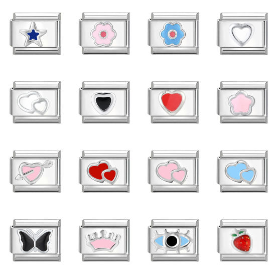 Immagine di 1 Pz 304 Acciaio Inossidabile Bracciale con Charm Italiano a Maglie, Creazione di Gioielli Fai-da-te Tono Argento Multicolore Smalto Rettangolo 10mm x 9mm