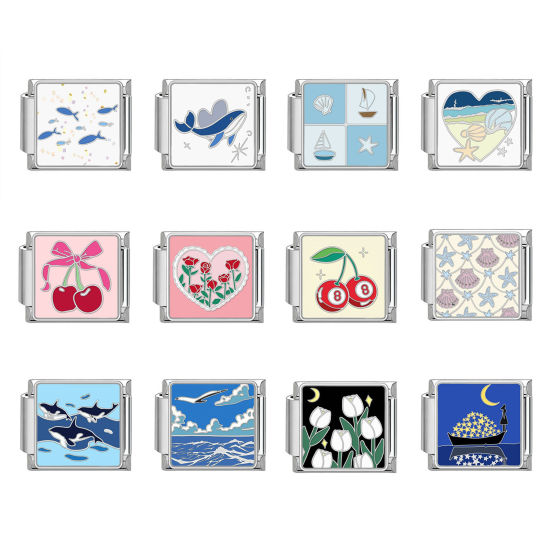 Bild von 304 Edelstahl Charm-Armband mit italienischen Gliedern zur Herstellung von DIY-Schmuck Silberfarbe Rechteck 10mm x 9mm