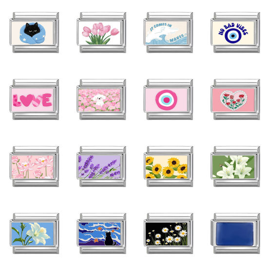 Bild von 304 Edelstahl Charm-Armband mit italienischen Gliedern zur Herstellung von DIY-Schmuck Silberfarbe Rechteck Blumen 10mm x 9mm