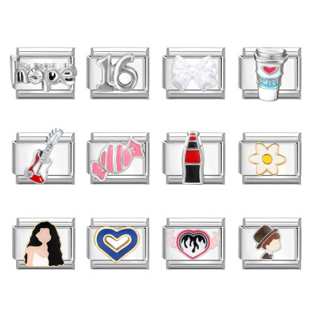 304 Stainless Steel Italian Charm Links For DIY Bracelet Jewelry Making Silver Tone Rectangle Cartoon Images 10mm x 9mm