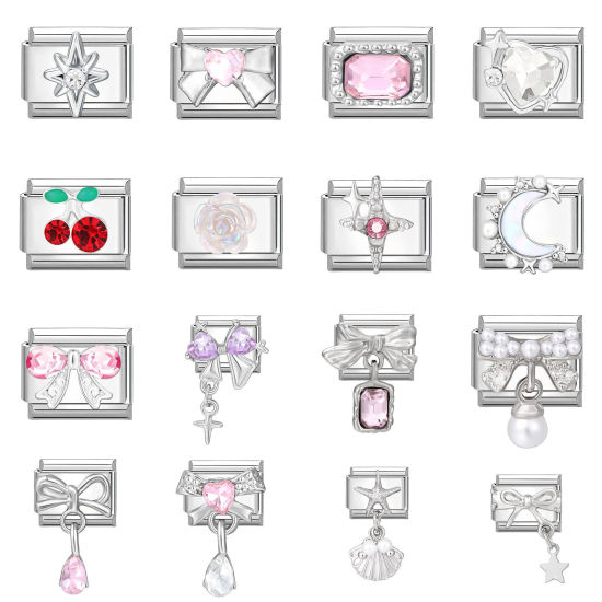 Bild von 304 Edelstahl Charm-Armband mit italienischen Gliedern zur Herstellung von DIY-Schmuck Silberfarbe Rechteck Bunt Strass 10mm x 9mm