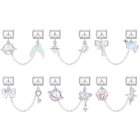 Picture of 304 Stainless Steel Exquisite Italian Charm Links For DIY Bracelet Jewelry Making Silver Tone Rectangle Tassel 10mm x 9mm