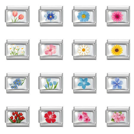 Picture of 304 Stainless Steel Exquisite Italian Charm Links For DIY Bracelet Jewelry Making Silver Tone Rectangle Flower 10mm x 9mm