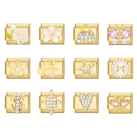Bild von 1 Stück 304 Edelstahl Exquisit Charm-Armband mit italienischen Gliedern zur Herstellung von DIY-Schmuck Vergoldet Rechteck Blumen 10mm x 9mm
