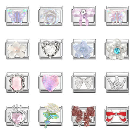 Picture of 304 Stainless Steel Exquisite Italian Charm Links For DIY Bracelet Jewelry Making Silver Tone Rectangle Butterfly 10mm x 9mm