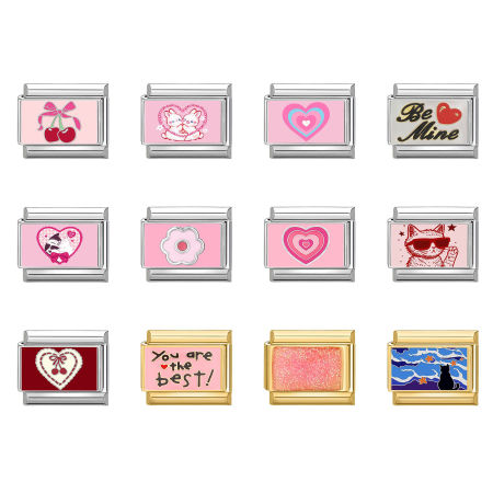 Picture of 304 Stainless Steel Italian Charm Links For DIY Bracelet Jewelry Making Wholesale Multicolor Rectangle Heart 10mm x 9mm