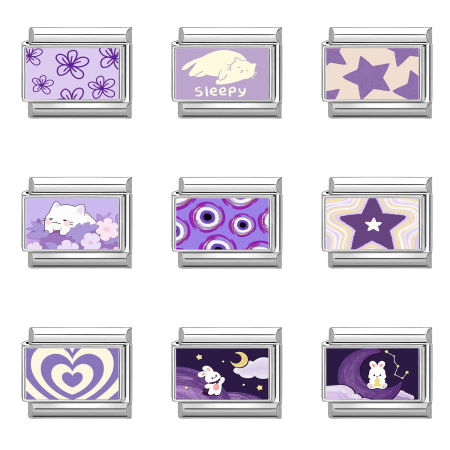 Picture of 304 Stainless Steel Exquisite Italian Charm Links For DIY Bracelet Jewelry Making Silver Tone Purple Rectangle 10mm x 9mm