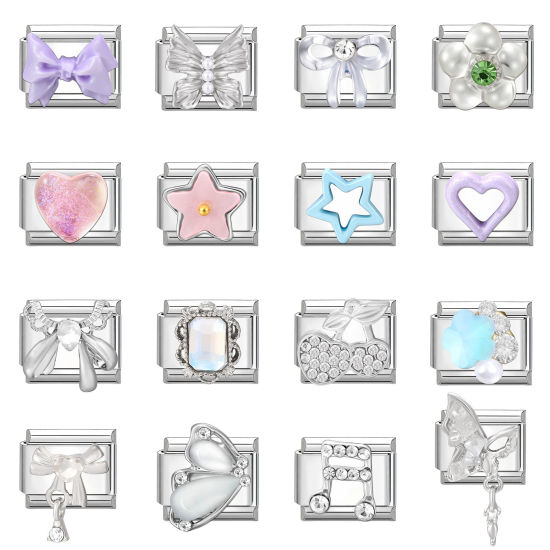 Picture of 304 Stainless Steel Italian Charm Links For DIY Bracelet Jewelry Making Silver Tone Rectangle Bowknot 10mm x 9mm
