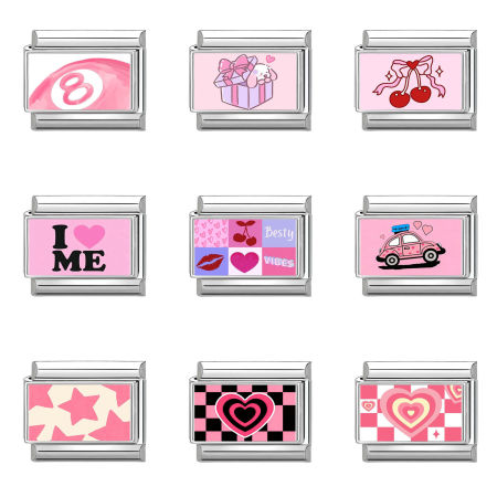 Bild von 304 Edelstahl Valentinstag Charm-Armband mit italienischen Gliedern zur Herstellung von DIY-Schmuck Silberfarbe Rosa Rechteck 10mm x 9mm
