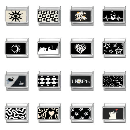 Bild von 304 Edelstahl Charm-Armband mit italienischen Gliedern zur Herstellung von DIY-Schmuck Silberfarbe Schwarz & Weiß Rechteck 10mm x 9mm
