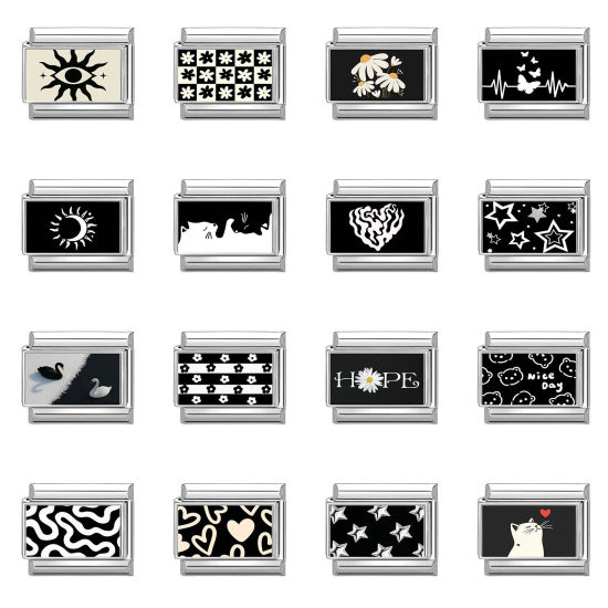 Image de 1 Pièce Bracelet à Maillons Breloques Italiens Accessories de Fabrication de Bracelets Bijoux DIY en 304 Acier Inoxydable Argent Mat Noir & Blanc Rectangle 10mm x 9mm